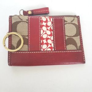 COACH Zip Card Case ID Key Ring Holder Case Tan Red Small Wallet Leather Logo